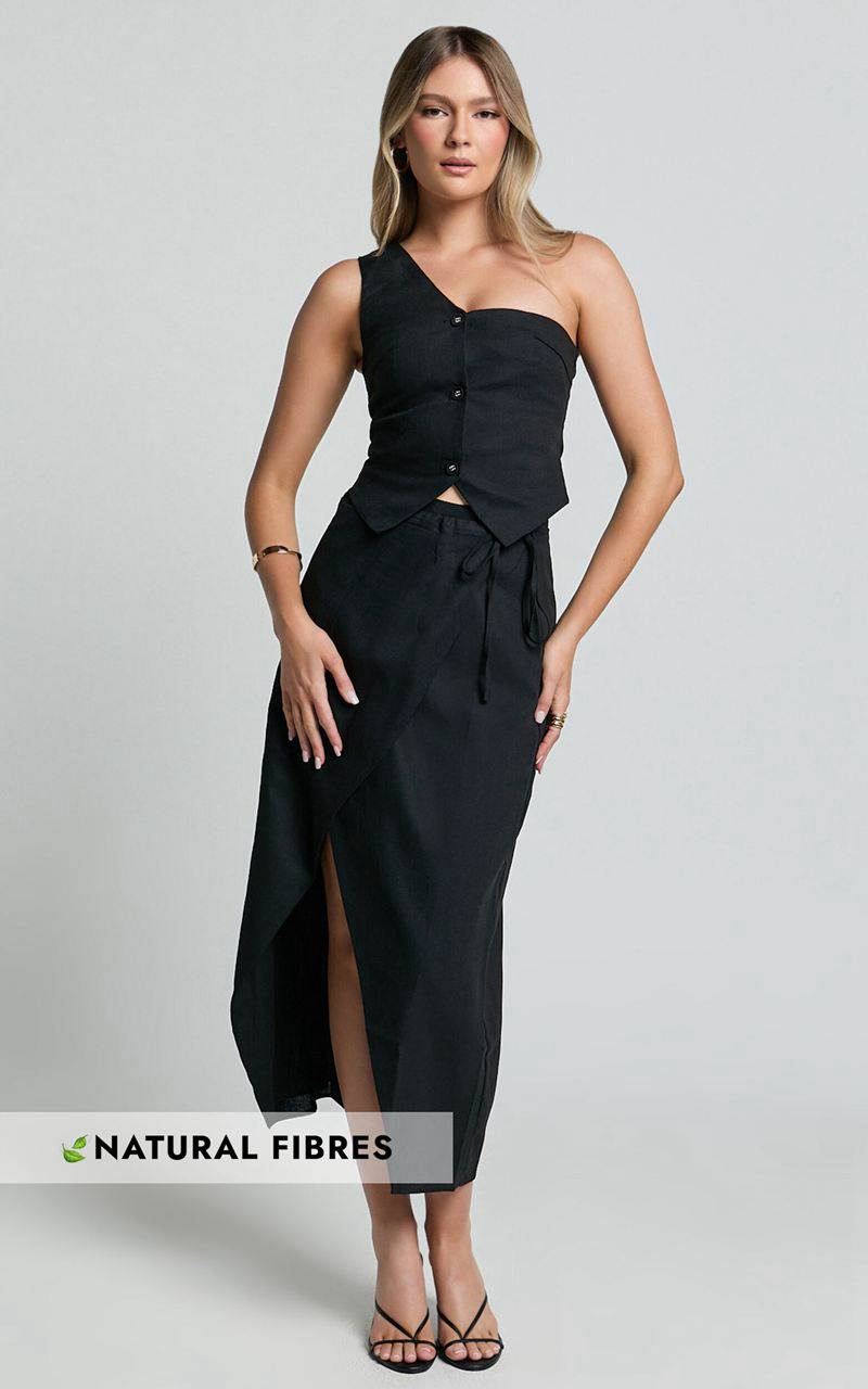 Showpo Claudia Two Piece Set - Linen Look One Shoulder Button Down Top And Midi Skirt Set Black | XZAVBS254