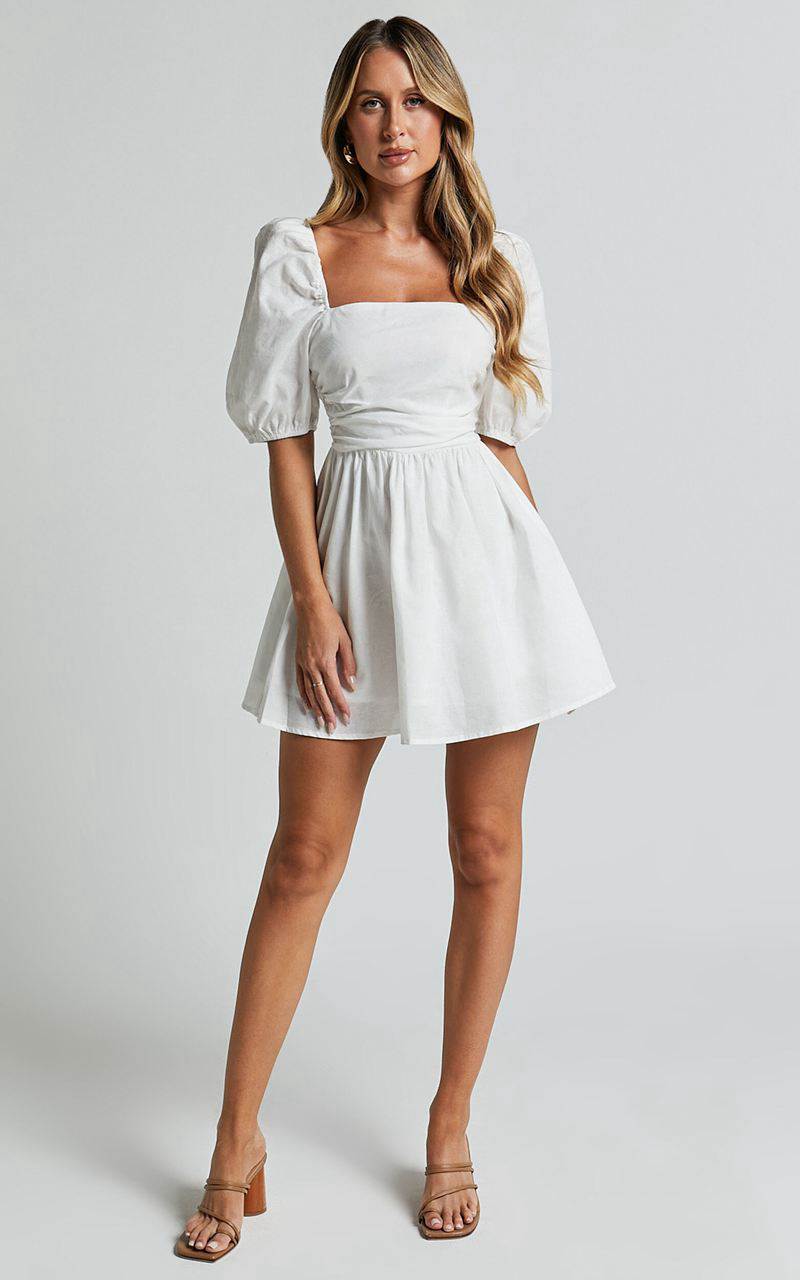 Showpo Claudina Mini Dress - Linen Look Puff Sleeve Ruched Bodice Dress White | GADKQT793