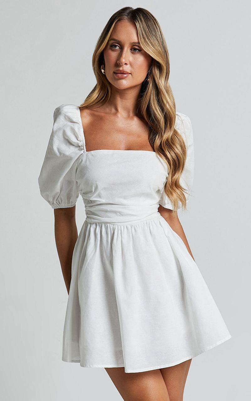 Showpo Claudina Mini Dress - Linen Look Puff Sleeve Ruched Bodice Dress White | GADKQT793