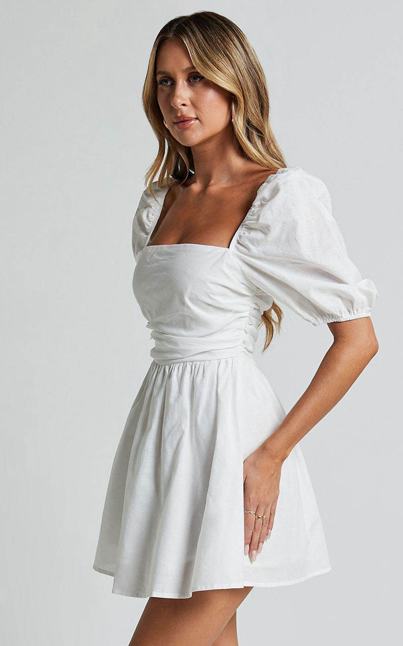 Showpo Claudina Mini Dress - Linen Look Puff Sleeve Ruched Bodice Dress White | GADKQT793