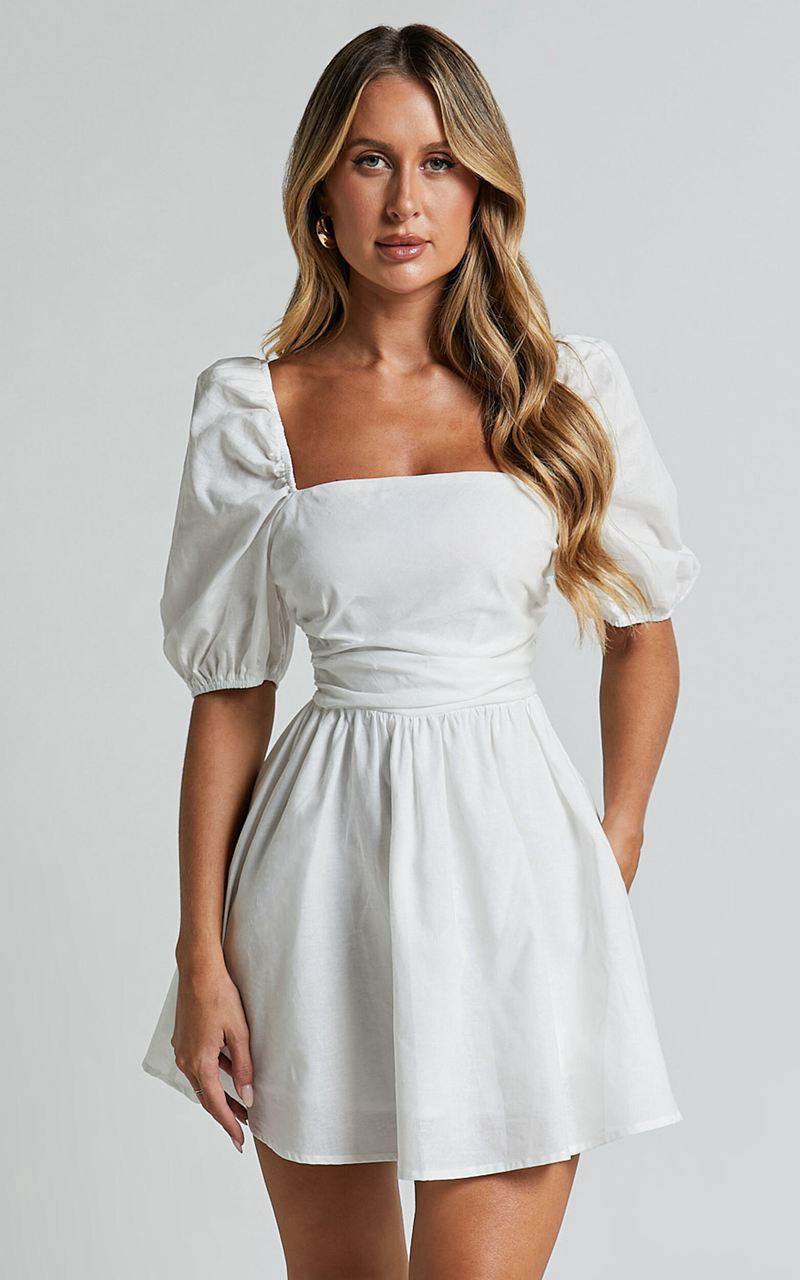 Showpo Claudina Mini Dress - Linen Look Puff Sleeve Ruched Bodice Dress White | GADKQT793