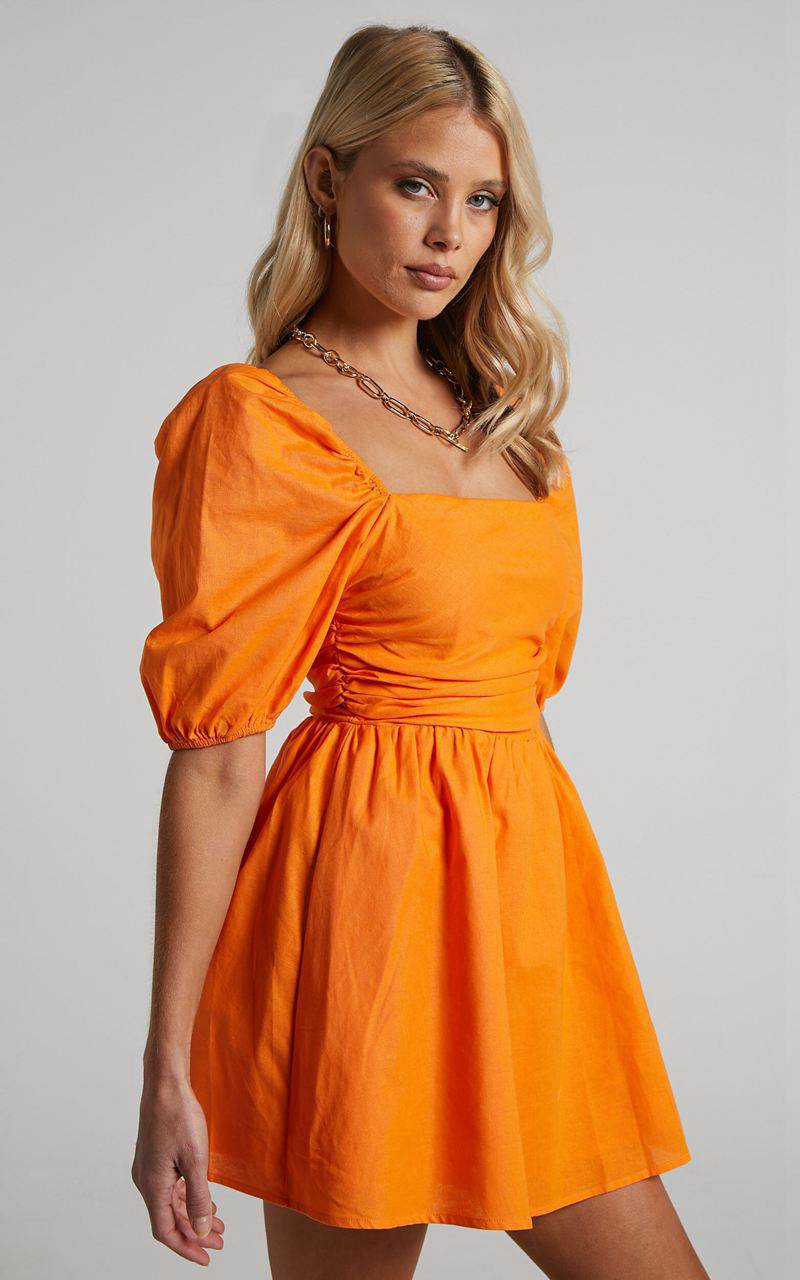 Showpo Claudina Mini Dress - Linen Look Puff Sleeve Ruched Bodice Dress Bright Orange | IBLPYK130