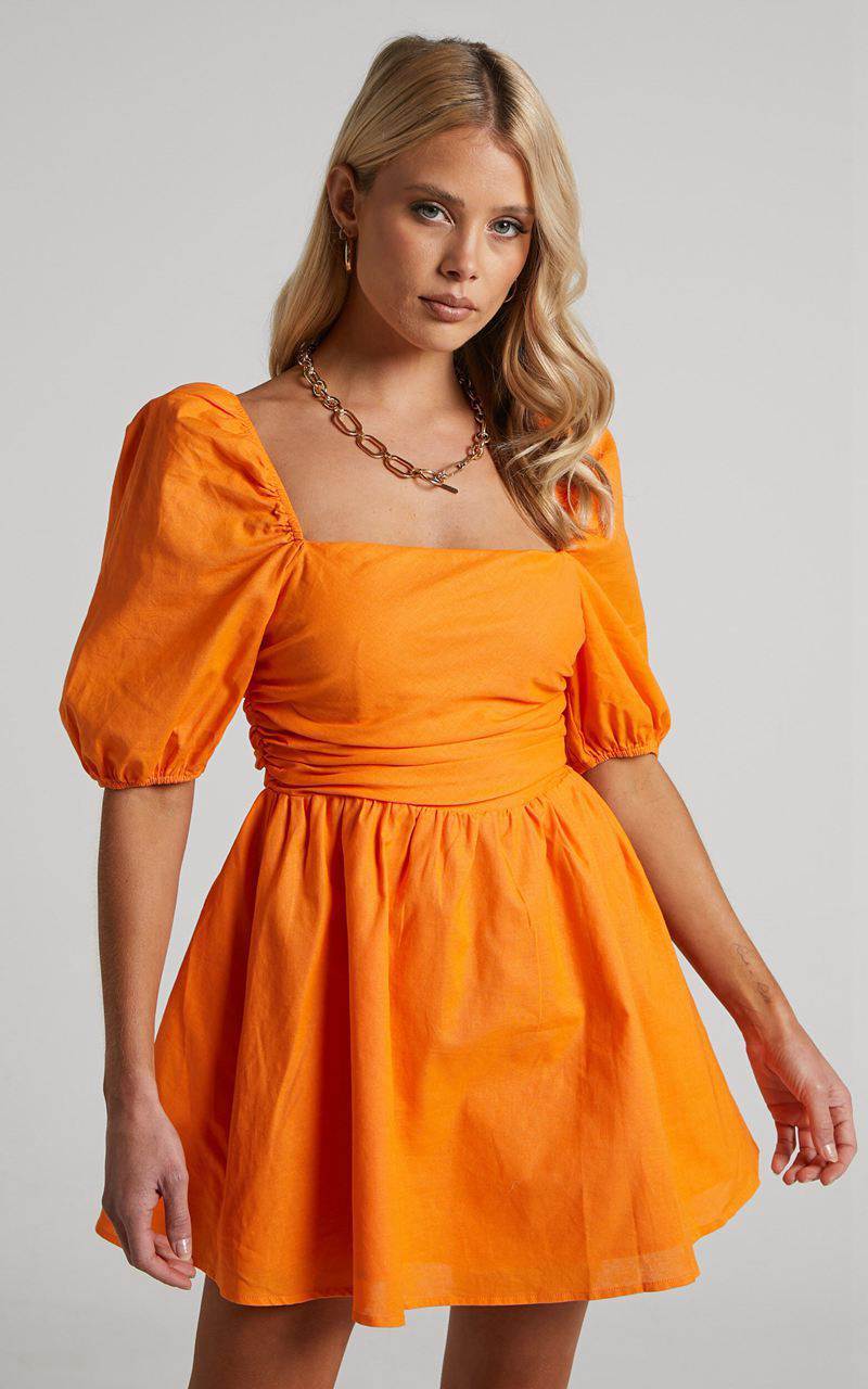 Showpo Claudina Mini Dress - Linen Look Puff Sleeve Ruched Bodice Dress Bright Orange | IBLPYK130