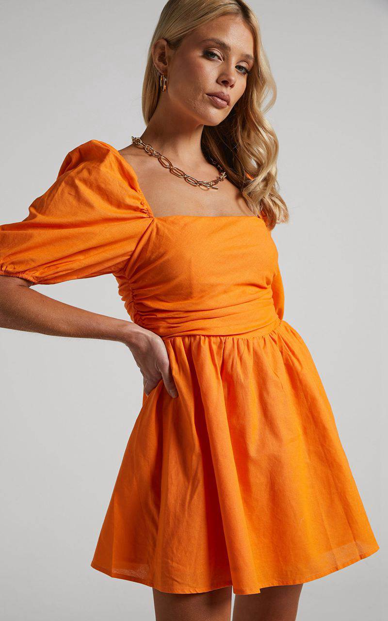 Showpo Claudina Mini Dress - Linen Look Puff Sleeve Ruched Bodice Dress Bright Orange | IBLPYK130