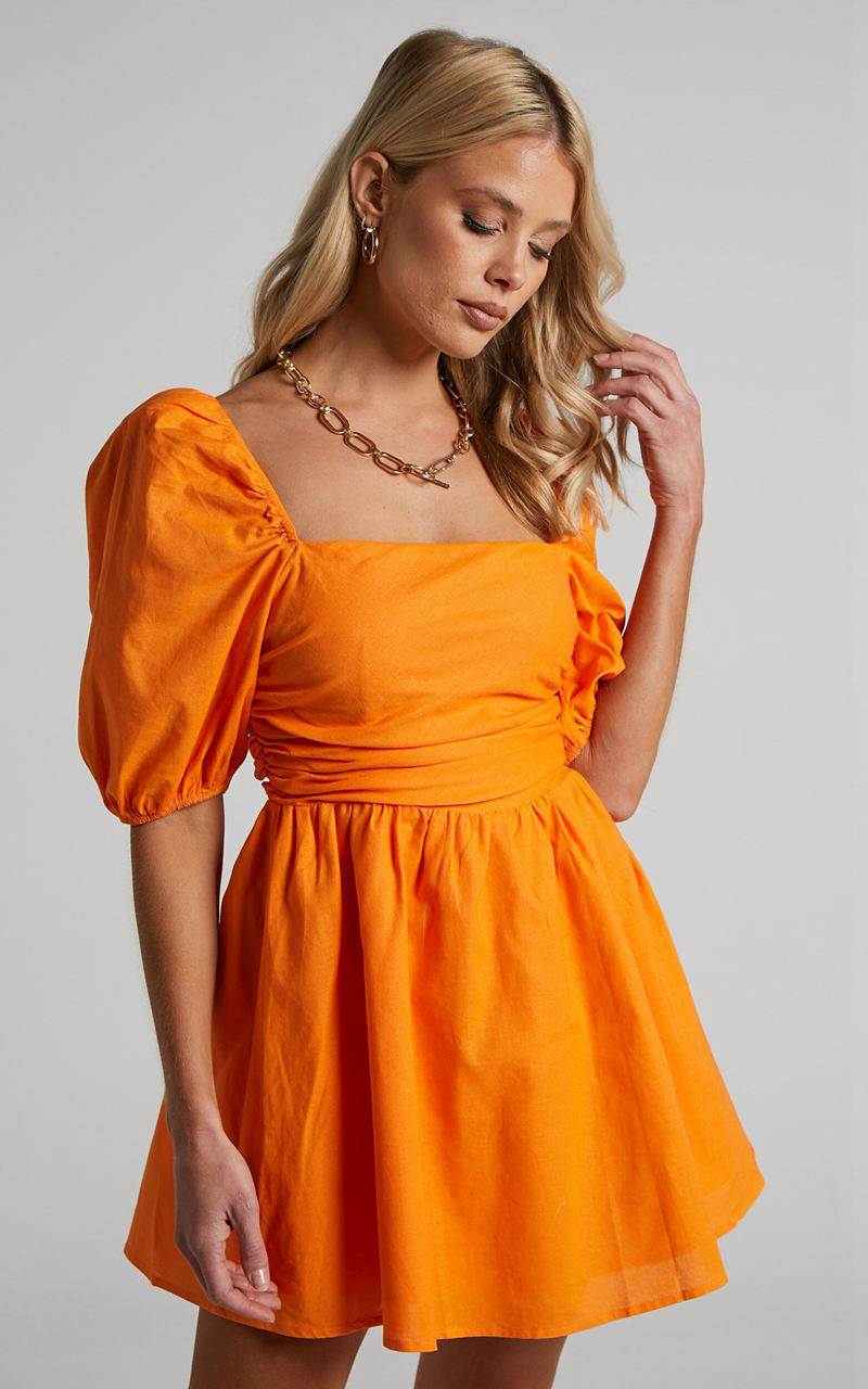 Showpo Claudina Mini Dress - Linen Look Puff Sleeve Ruched Bodice Dress Bright Orange | IBLPYK130