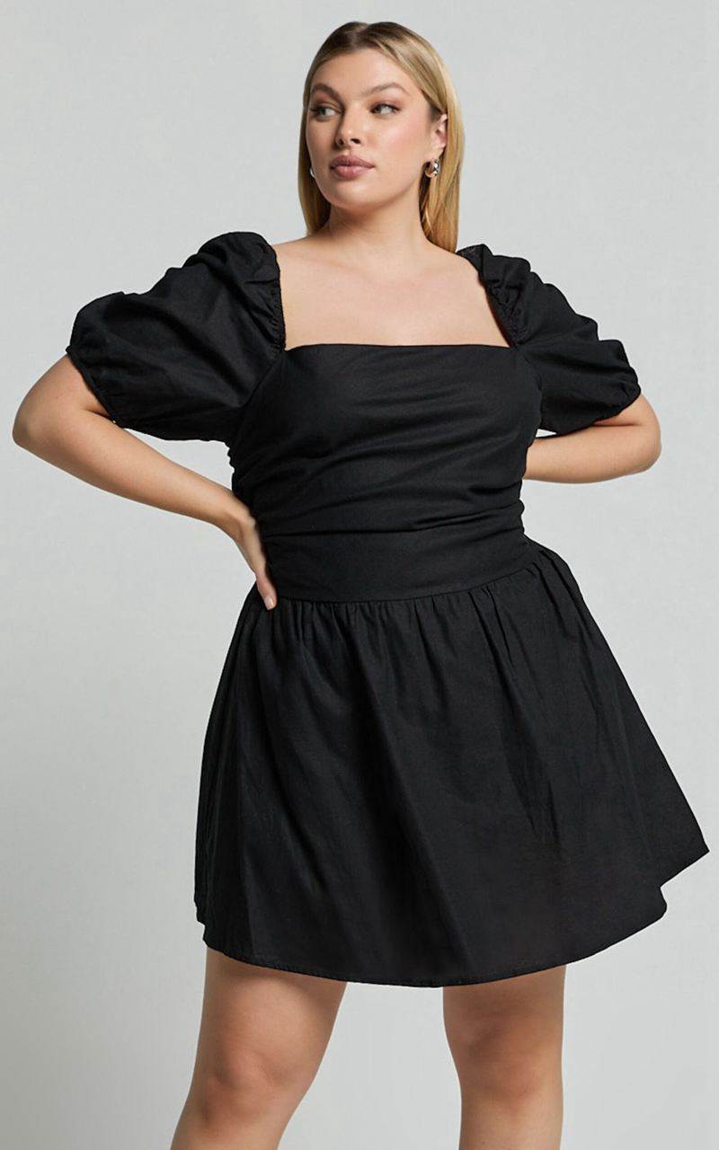 Showpo Claudina Mini Dress - Linen Look Puff Sleeve Ruched Bodice Dress Black | OGIZQB984