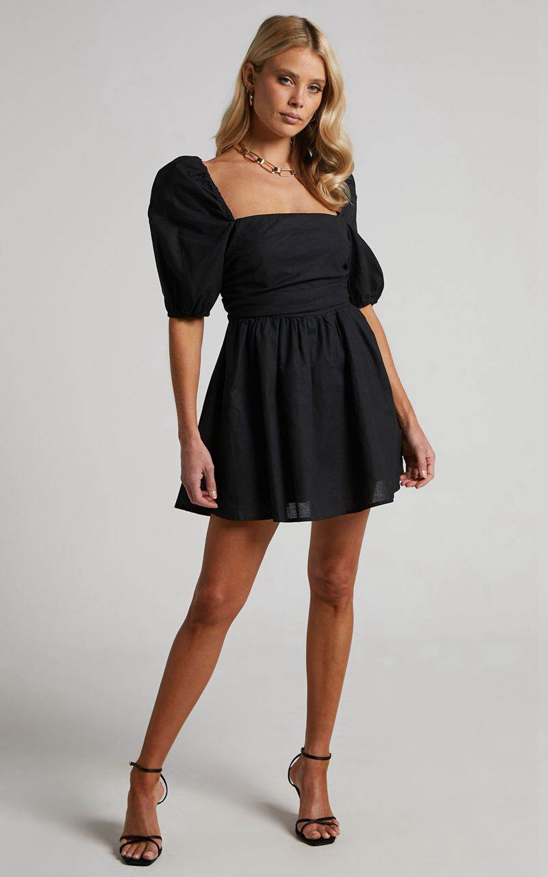 Showpo Claudina Mini Dress - Linen Look Puff Sleeve Ruched Bodice Dress Black | OGIZQB984