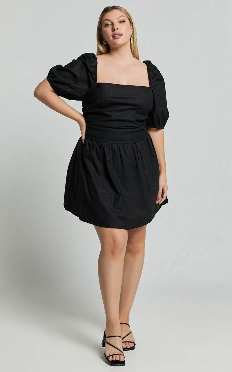 Showpo Claudina Mini Dress - Linen Look Puff Sleeve Ruched Bodice Dress Black | OGIZQB984