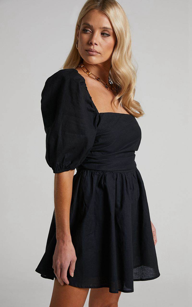 Showpo Claudina Mini Dress - Linen Look Puff Sleeve Ruched Bodice Dress Black | OGIZQB984