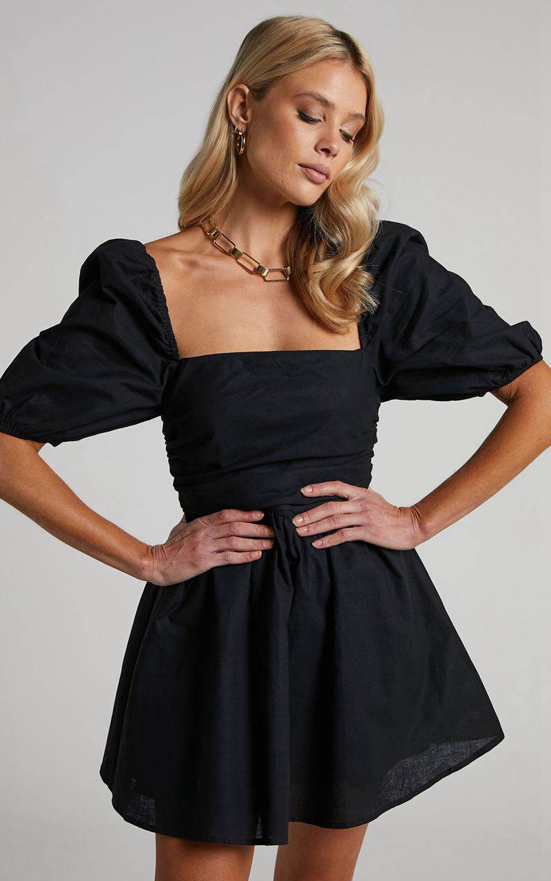 Showpo Claudina Mini Dress - Linen Look Puff Sleeve Ruched Bodice Dress Black | OGIZQB984