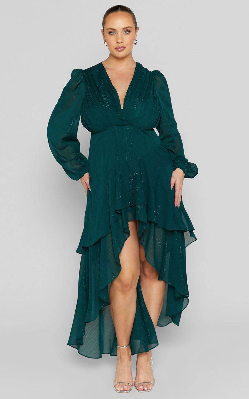 Showpo Claudita Midi Dress - Long Sleeve High Low Hem Dress Emerald | PNBMAZ350