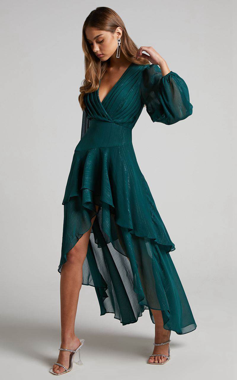 Showpo Claudita Midi Dress - Long Sleeve High Low Hem Dress Emerald | PNBMAZ350