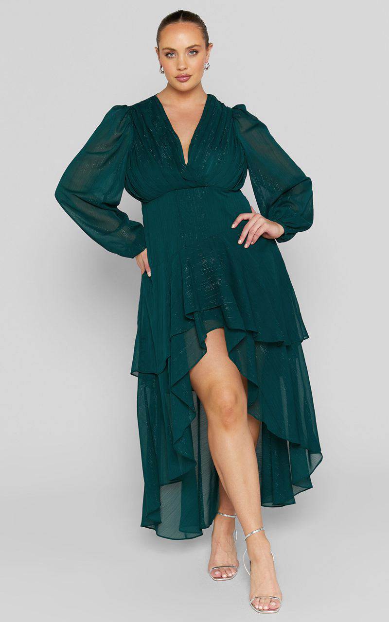 Showpo Claudita Midi Dress - Long Sleeve High Low Hem Dress Emerald | PNBMAZ350