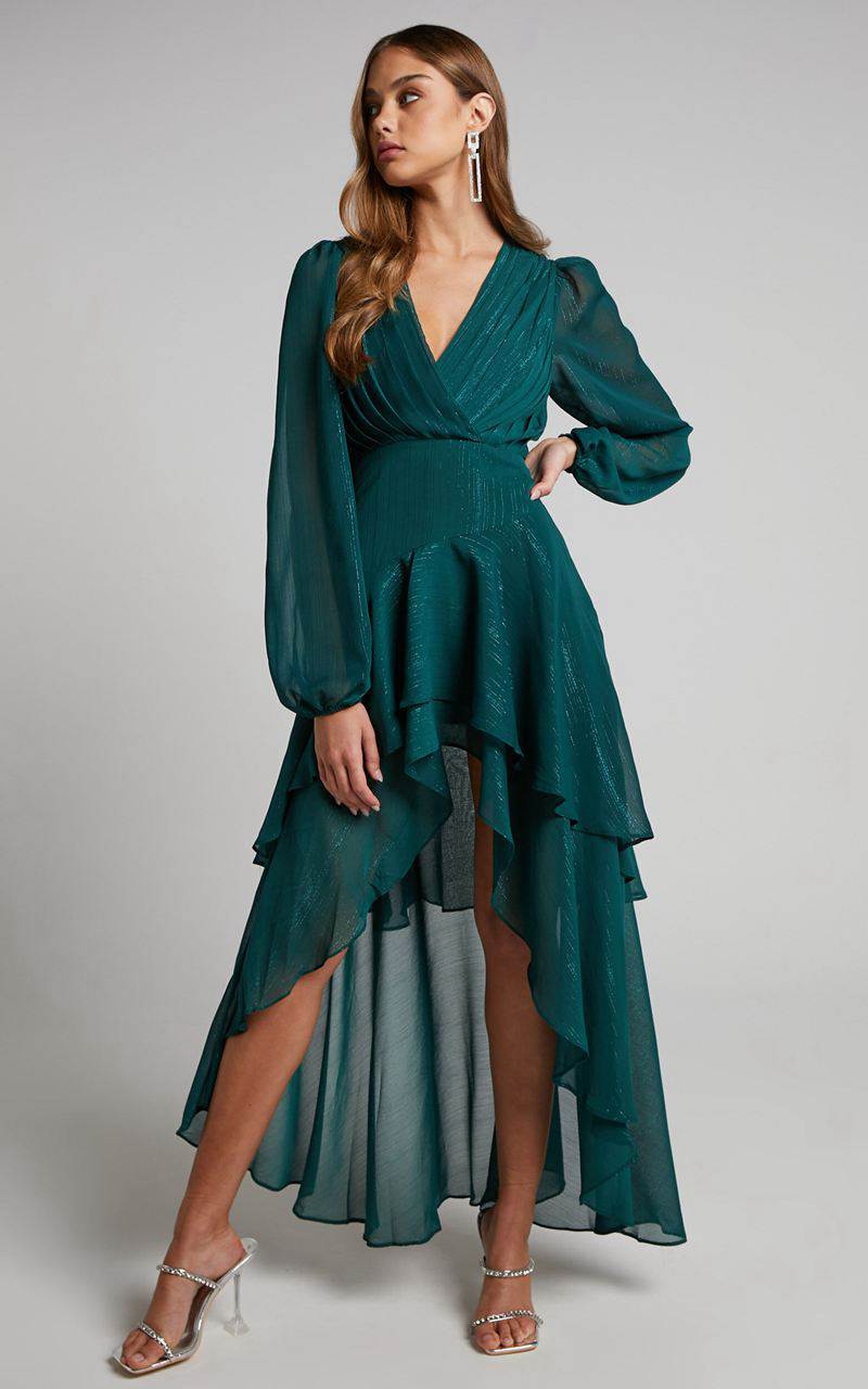 Showpo Claudita Midi Dress - Long Sleeve High Low Hem Dress Emerald | PNBMAZ350