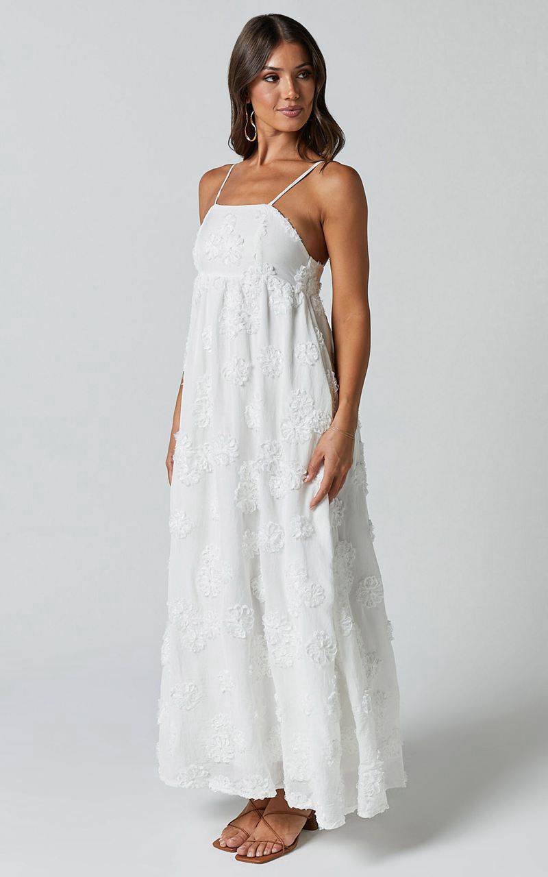 Showpo Claya Maxi Dress - Sleeveless Straight Neckline Floral Detail Dress White Embroidery | FSHWET917