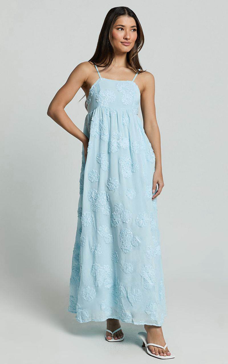 Showpo Claya Maxi Dress - Sleeveless Straight Neckline Floral Detail Dress Pale Blue | IWMEHP754