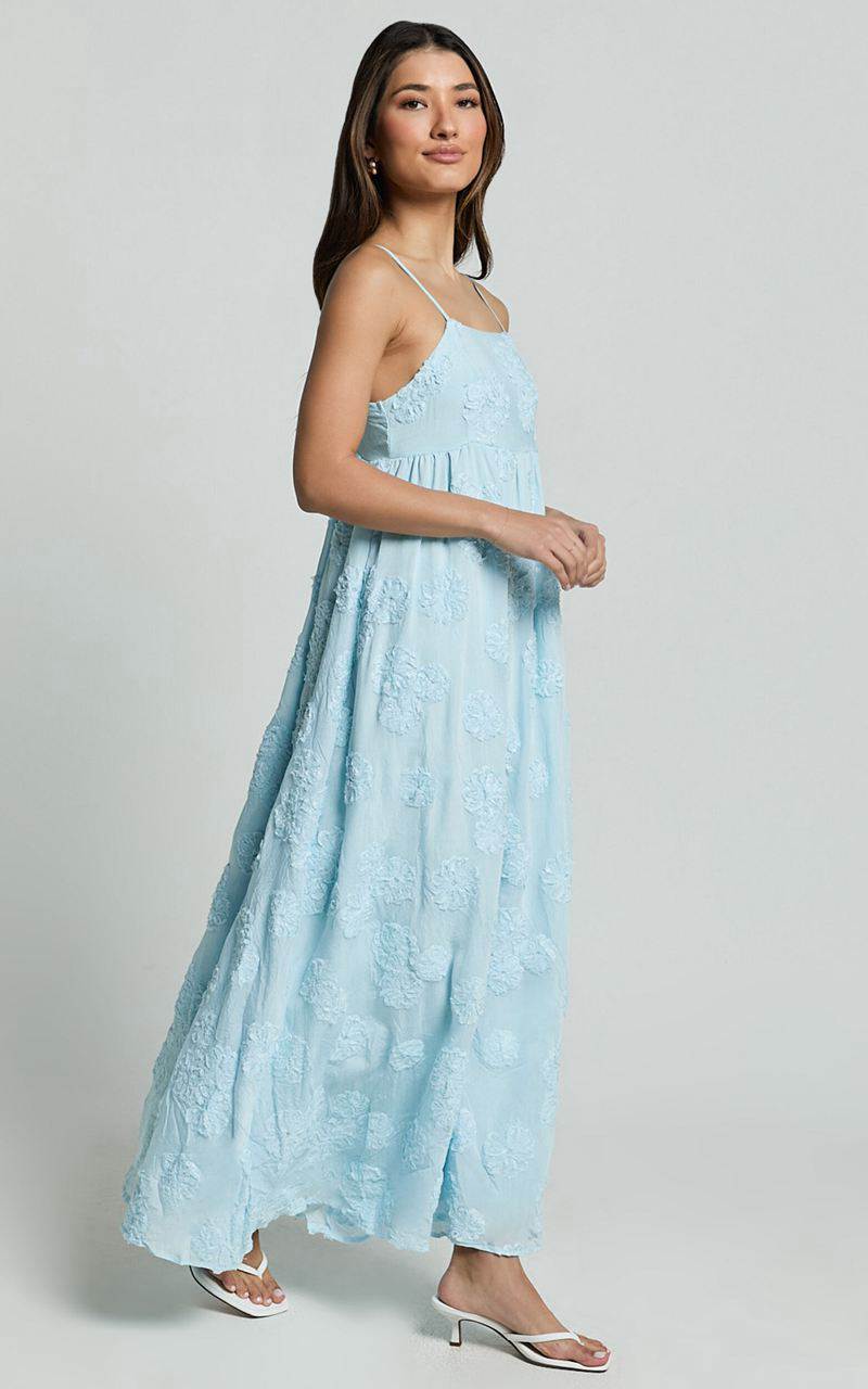 Showpo Claya Maxi Dress - Sleeveless Straight Neckline Floral Detail Dress Pale Blue | IWMEHP754