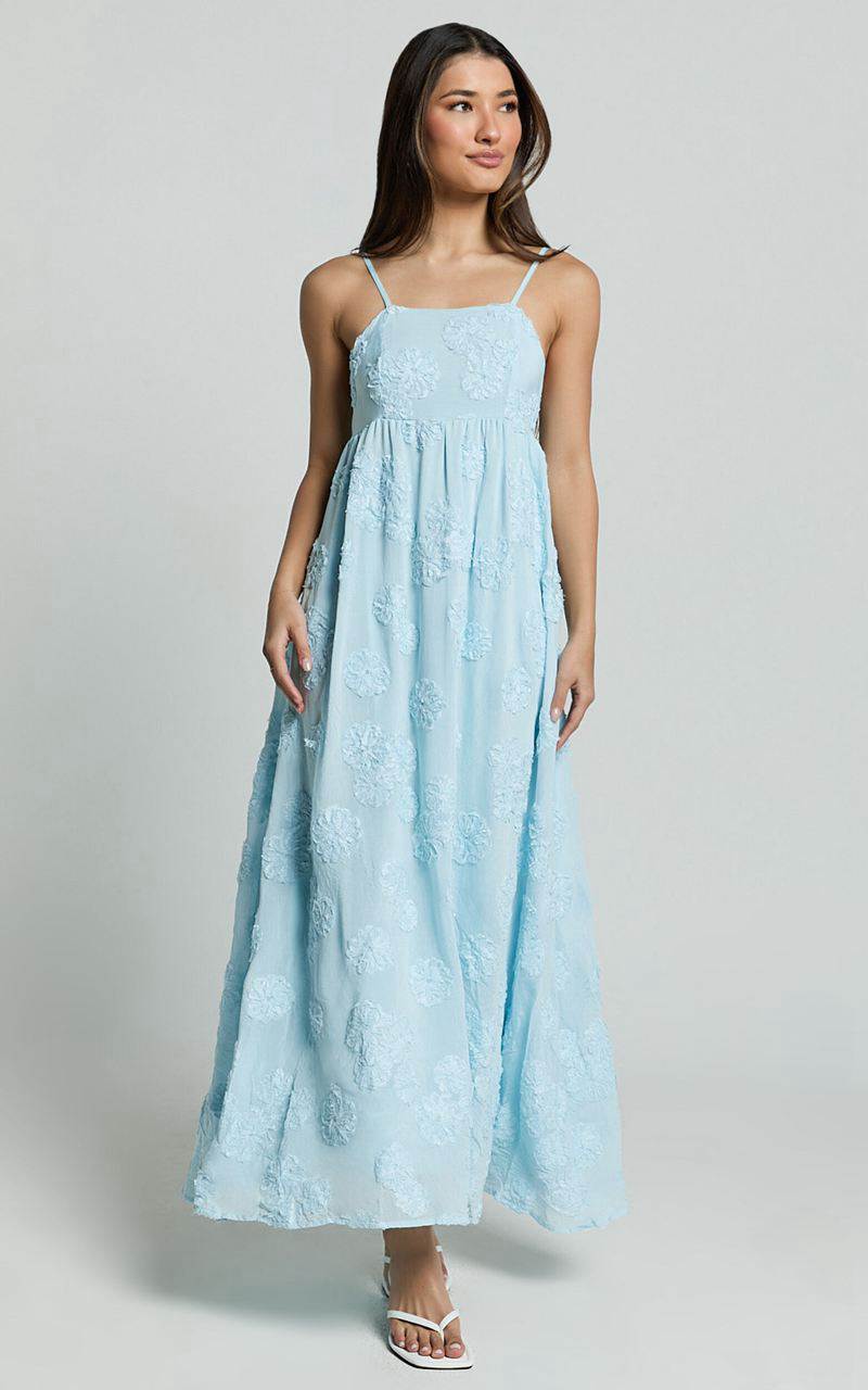 Showpo Claya Maxi Dress - Sleeveless Straight Neckline Floral Detail Dress Pale Blue | IWMEHP754