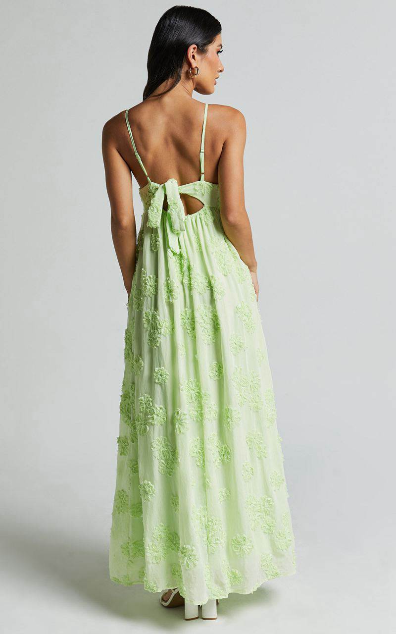 Showpo Claya Maxi Dress - Sleeveless Straight Neckline Floral Detail Dress Lime | SBTUZP241