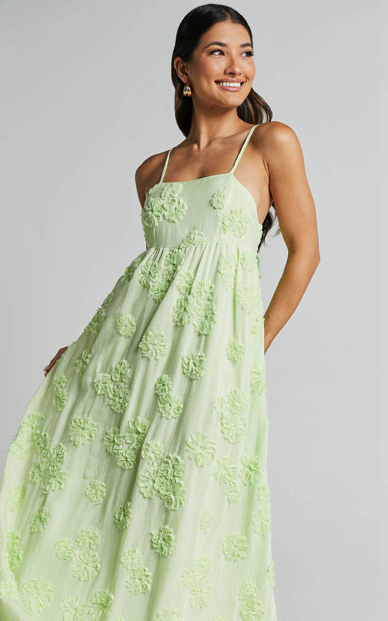 Showpo Claya Maxi Dress - Sleeveless Straight Neckline Floral Detail Dress Lime | SBTUZP241