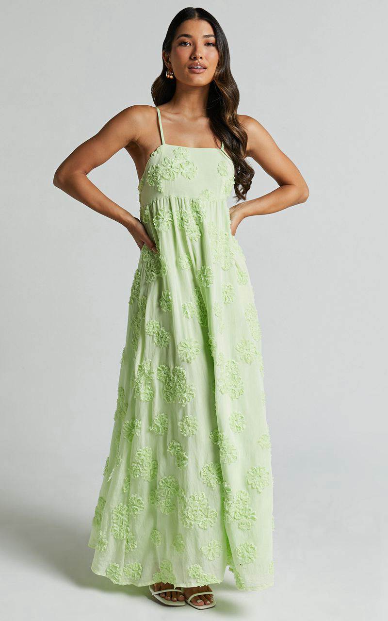 Showpo Claya Maxi Dress - Sleeveless Straight Neckline Floral Detail Dress Lime | SBTUZP241