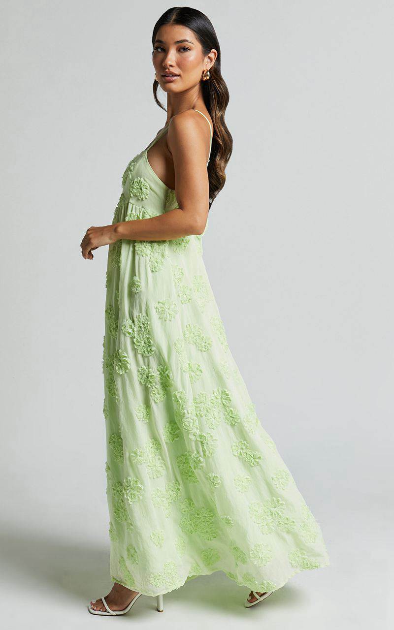 Showpo Claya Maxi Dress - Sleeveless Straight Neckline Floral Detail Dress Lime | SBTUZP241