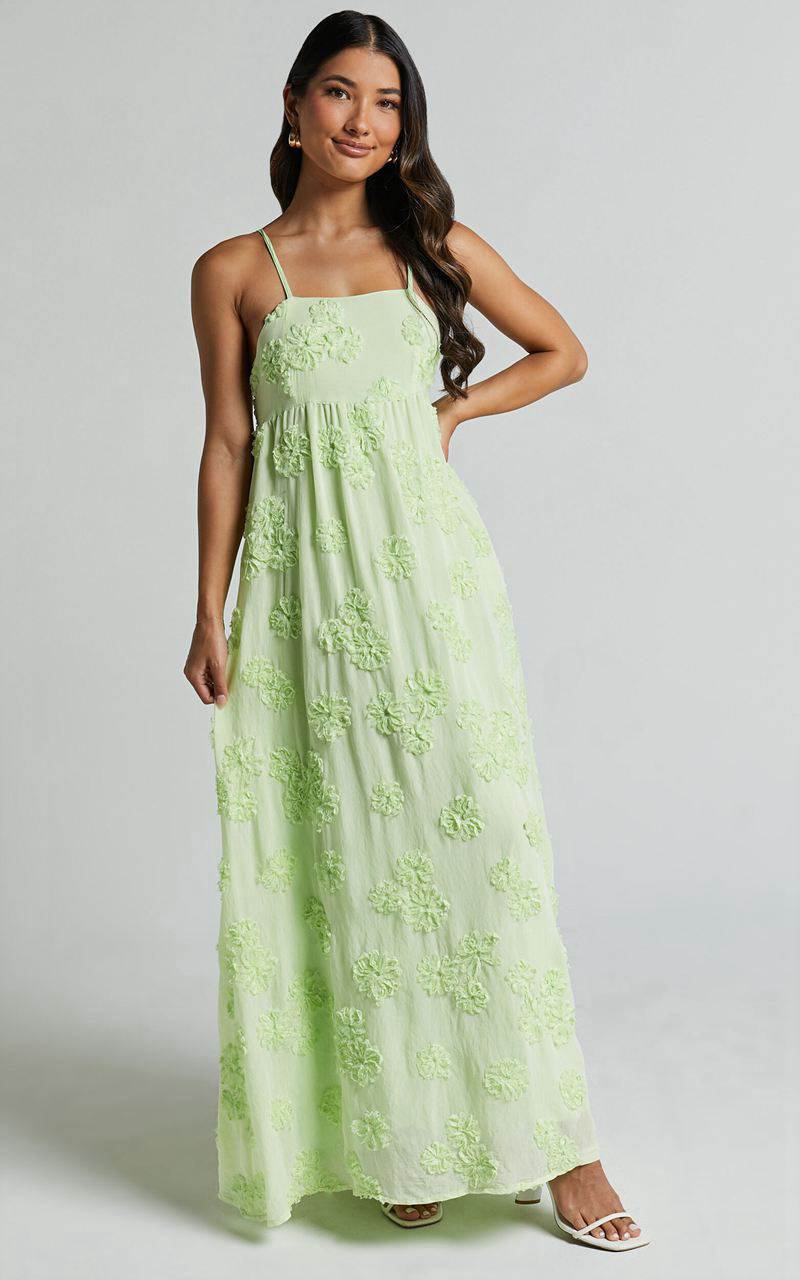 Showpo Claya Maxi Dress - Sleeveless Straight Neckline Floral Detail Dress Lime | SBTUZP241