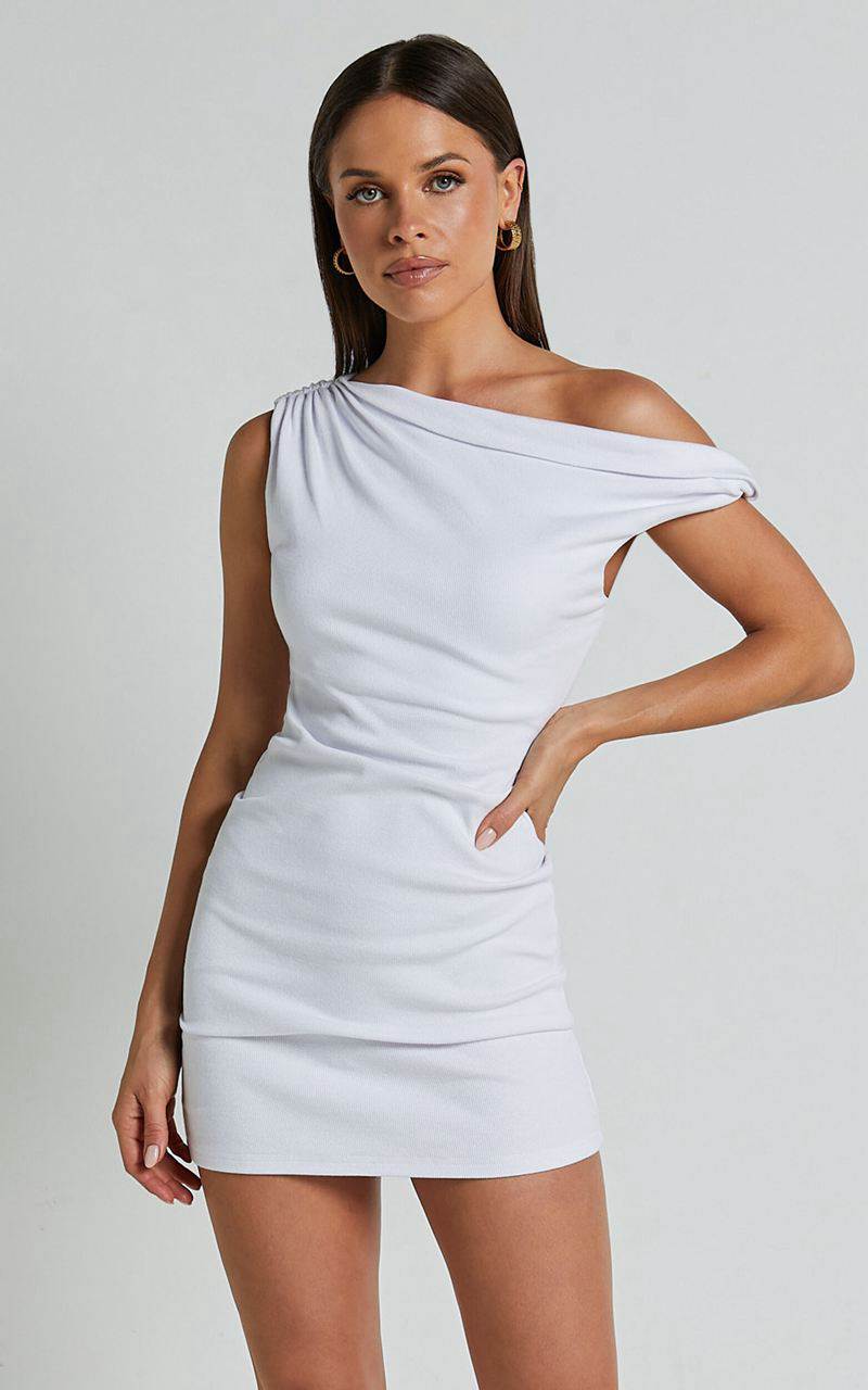 Showpo Clementine Mini Dress - Ribbed Off Shoulder Bodycon Dress White | MVLSCD573