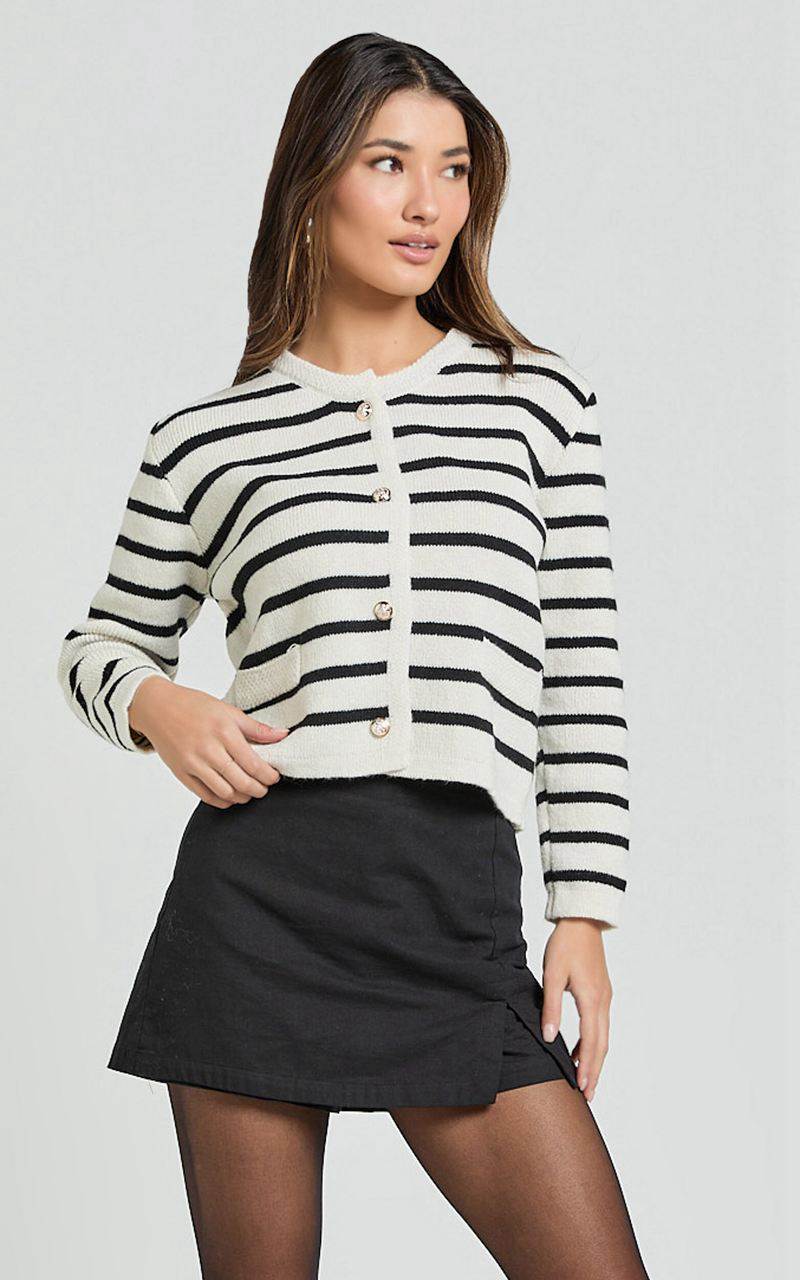 Showpo Cleo Cardigan - Button Through Stripe Knit Cardigan Ivory Black | NWZPGF813