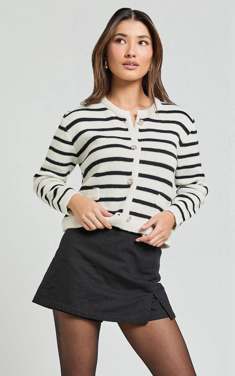 Showpo Cleo Cardigan - Button Through Stripe Knit Cardigan Ivory Black | NWZPGF813