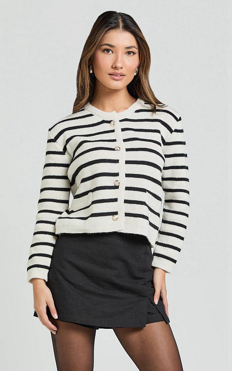 Showpo Cleo Cardigan - Button Through Stripe Knit Cardigan Ivory Black | NWZPGF813