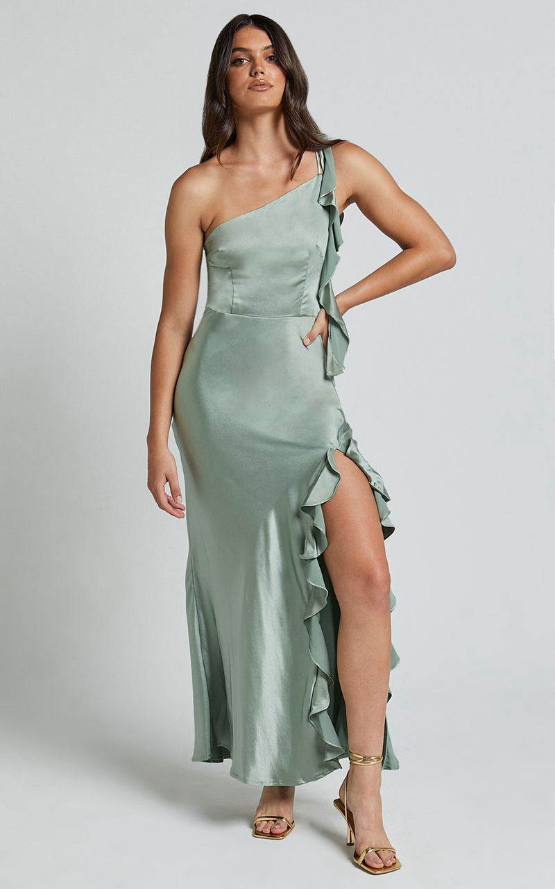 Showpo Cleo Midi Dress - One Shoulder Ruffle Detail Satin Dress Sage | UDNIKM308