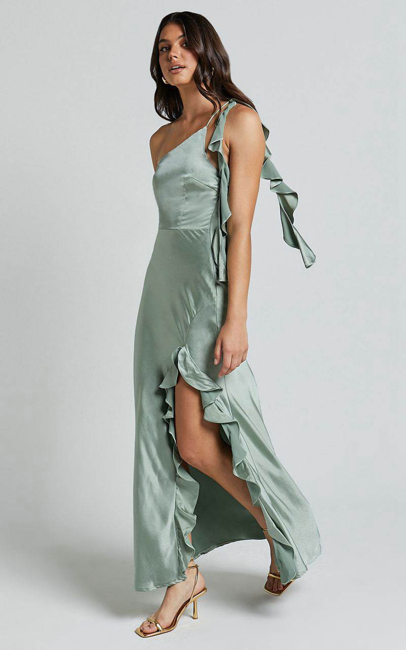 Showpo Cleo Midi Dress - One Shoulder Ruffle Detail Satin Dress Sage | UDNIKM308