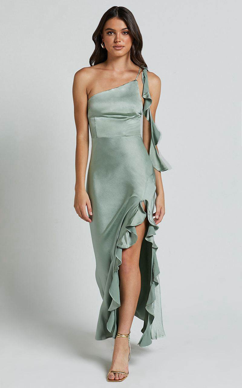 Showpo Cleo Midi Dress - One Shoulder Ruffle Detail Satin Dress Sage | UDNIKM308