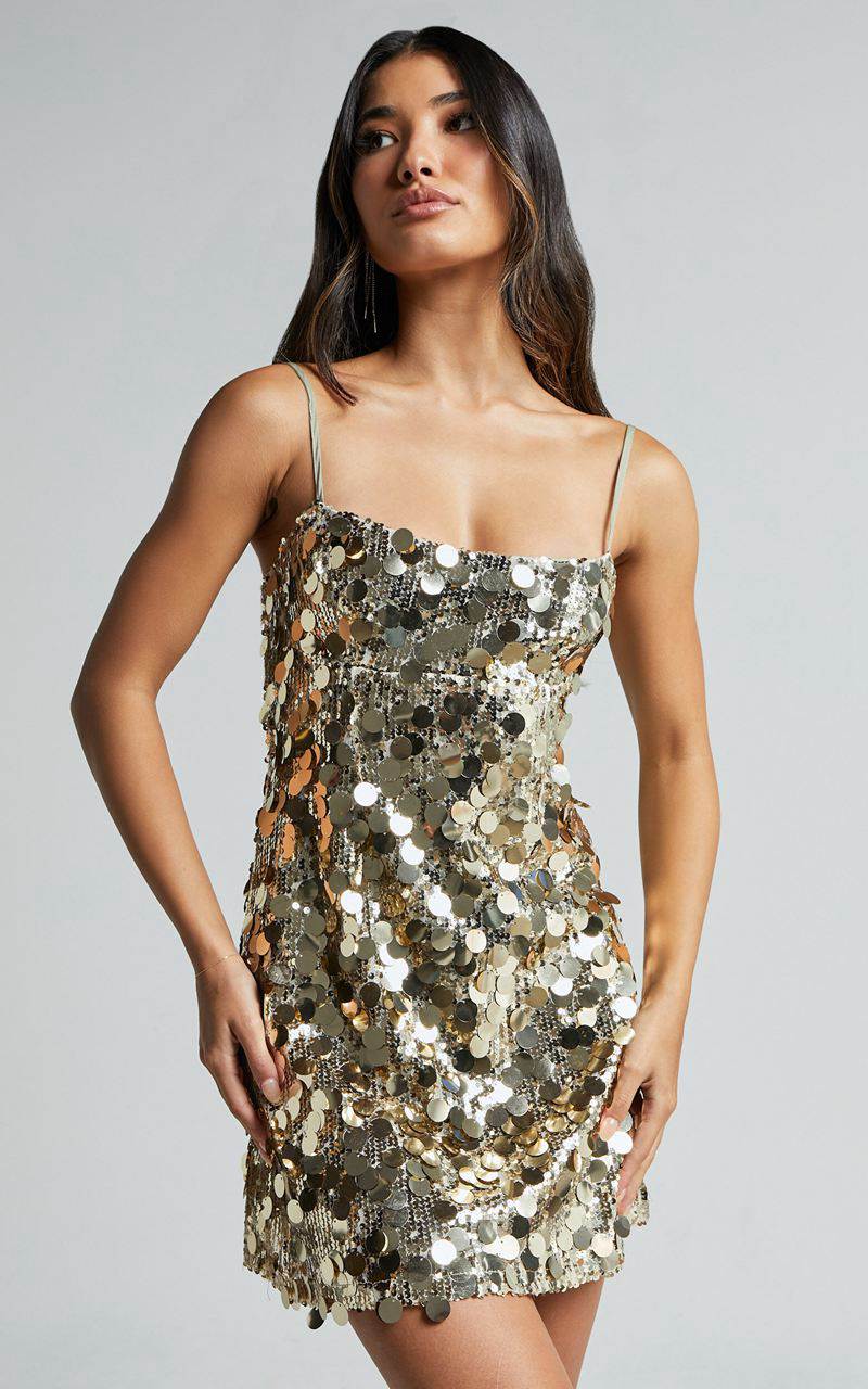 Showpo Cleo Mini Dress - Circle Sequin Mini Dress Light Gold | IDOWLP943