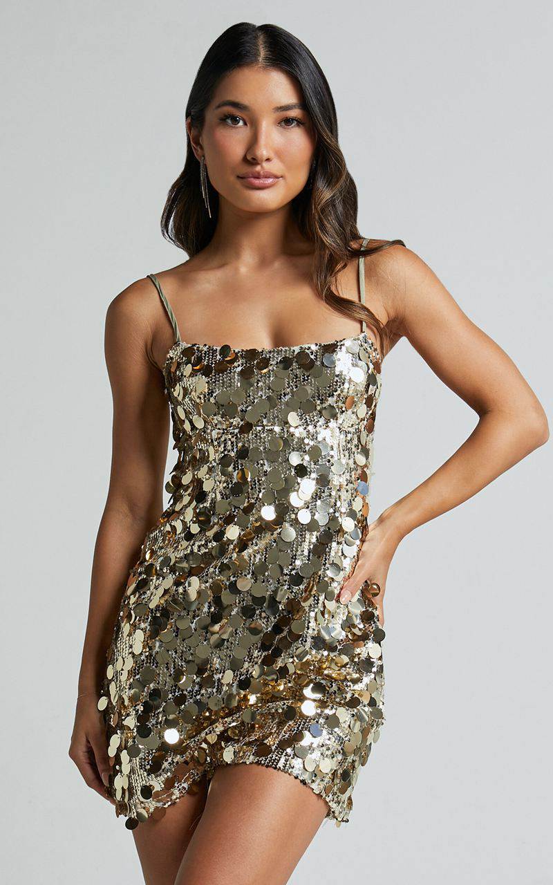 Showpo Cleo Mini Dress - Circle Sequin Mini Dress Light Gold | IDOWLP943