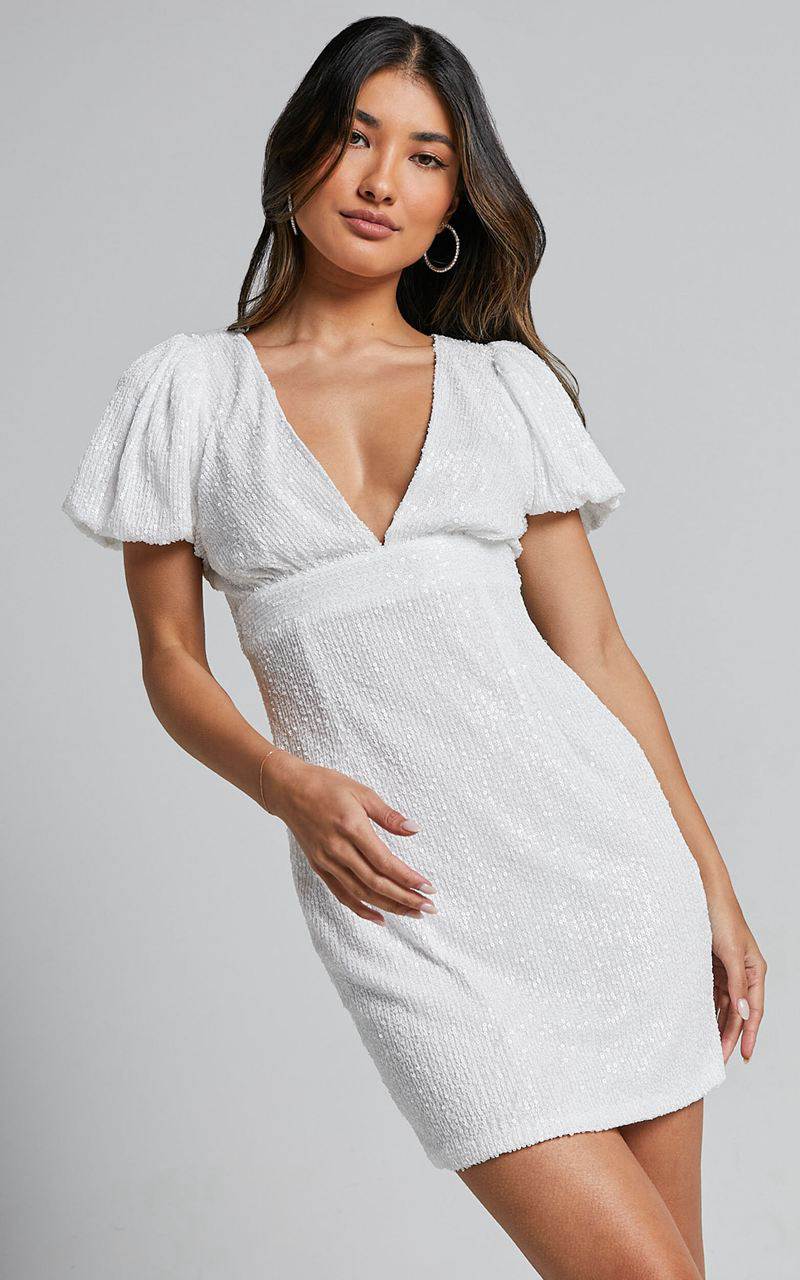 Showpo Cleonna Mini Dress - Short Puff Sleeve Plunge Neck Sequin Bodycon White | RJETBK284