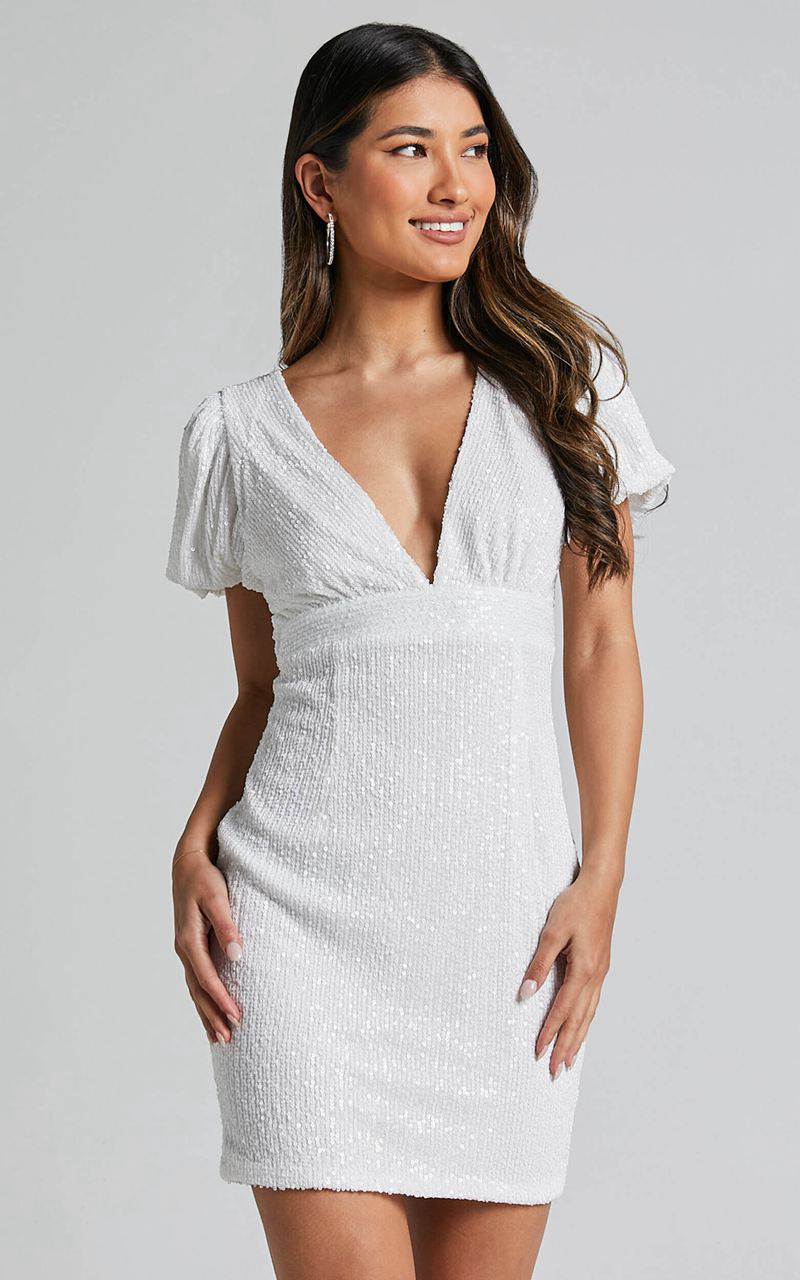 Showpo Cleonna Mini Dress - Short Puff Sleeve Plunge Neck Sequin Bodycon White | RJETBK284