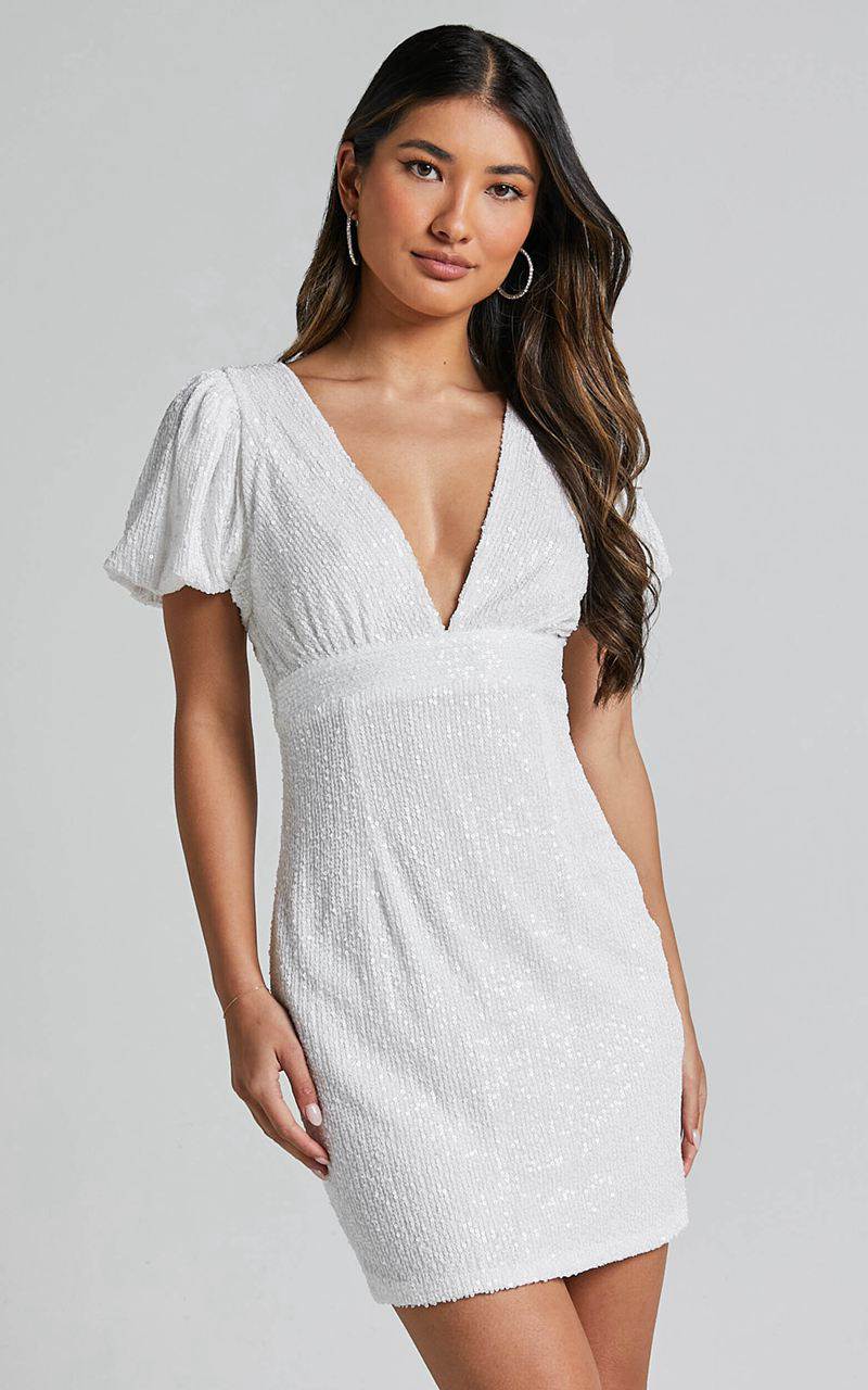 Showpo Cleonna Mini Dress - Short Puff Sleeve Plunge Neck Sequin Bodycon White | RJETBK284