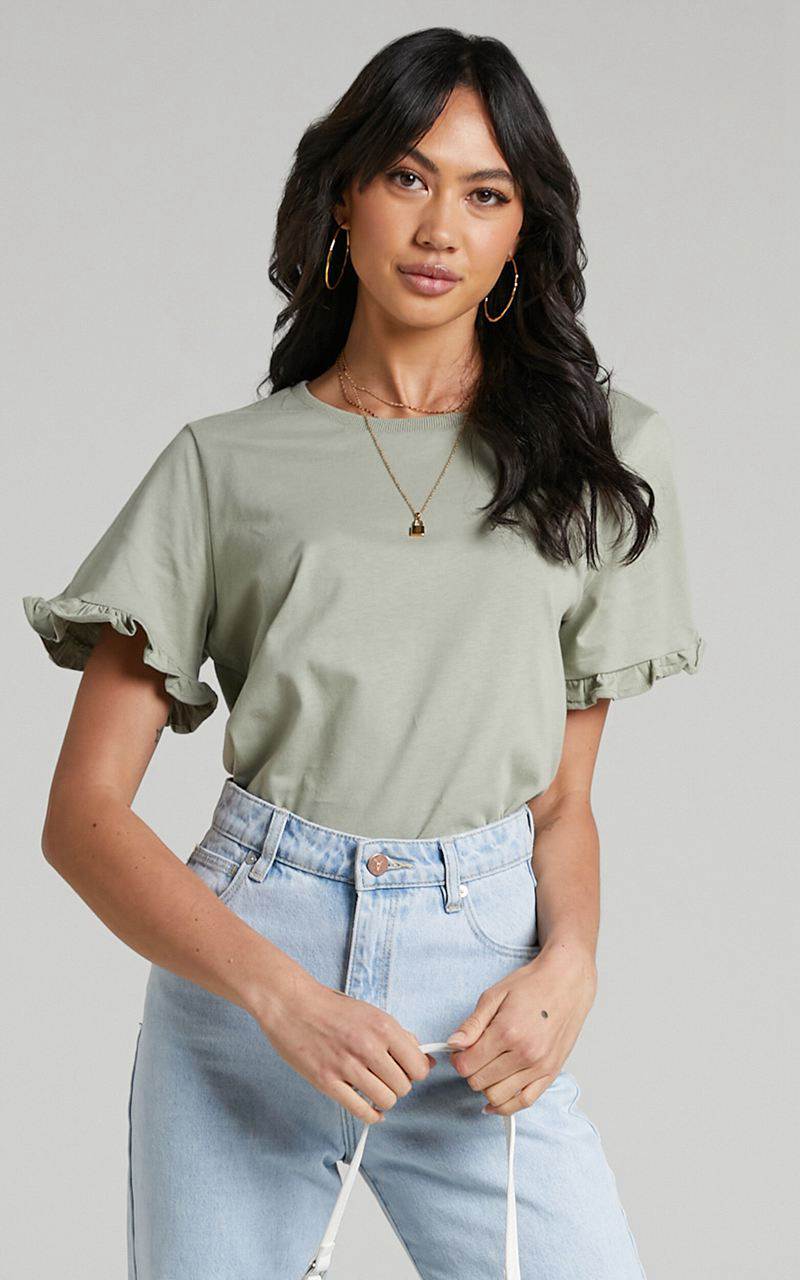 Showpo Closer To Home Tee - Ruffle Sleeve Tee Sage | ZOEBJT928