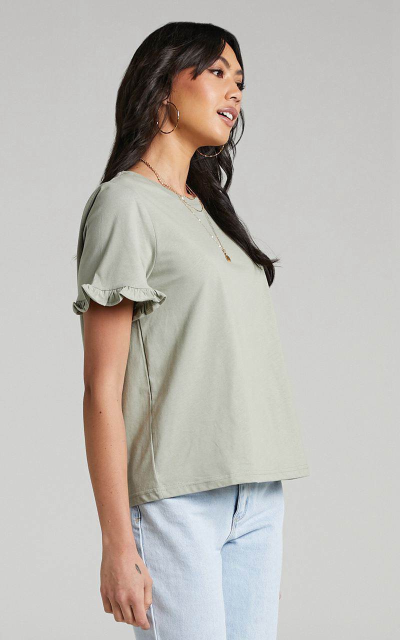 Showpo Closer To Home Tee - Ruffle Sleeve Tee Sage | ZOEBJT928