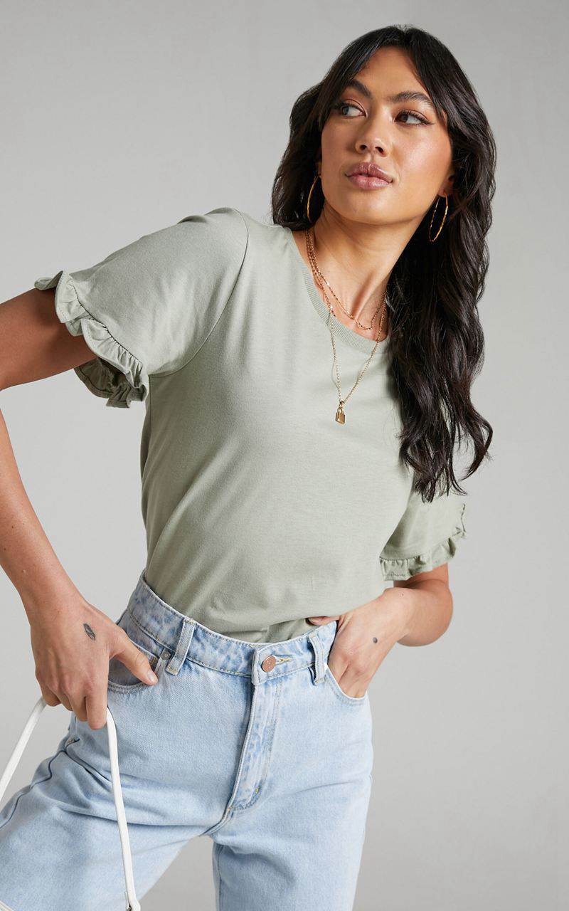 Showpo Closer To Home Tee - Ruffle Sleeve Tee Sage | ZOEBJT928