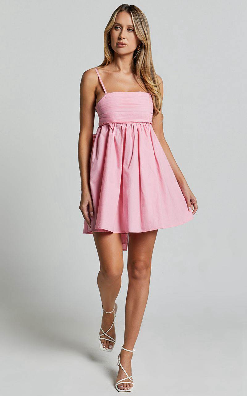 Showpo Clover Mini Dress - Back Bow Babydoll Dress Pink | FLASBE678