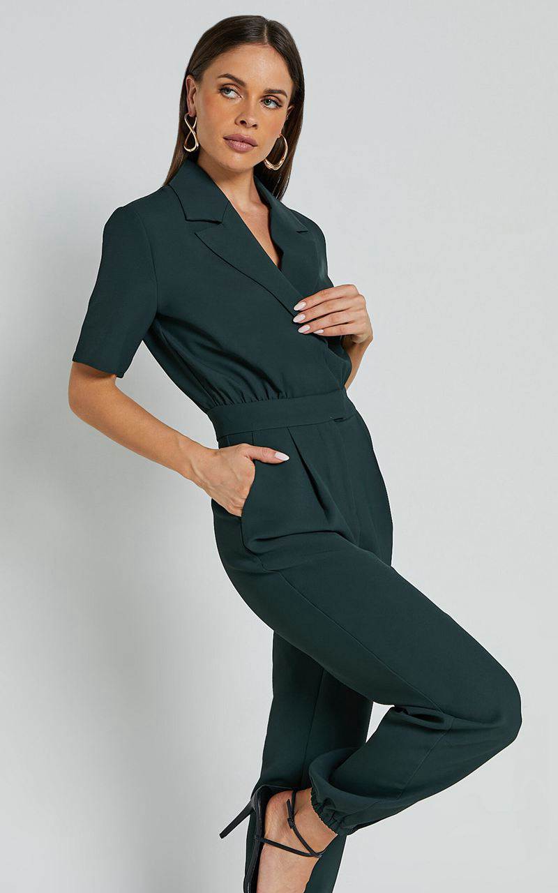 Showpo Coco Jumpsuit - Collared Short Sleeve Straight Leg Jumpsuit Forest Green | FSEIJX063