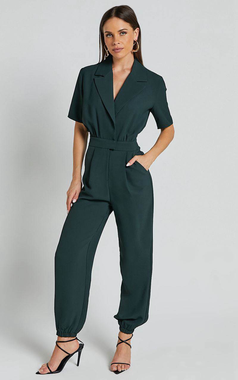 Showpo Coco Jumpsuit - Collared Short Sleeve Straight Leg Jumpsuit Forest Green | FSEIJX063