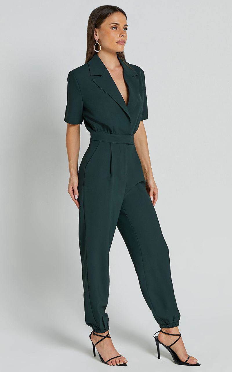 Showpo Coco Jumpsuit - Collared Short Sleeve Straight Leg Jumpsuit Forest Green | FSEIJX063