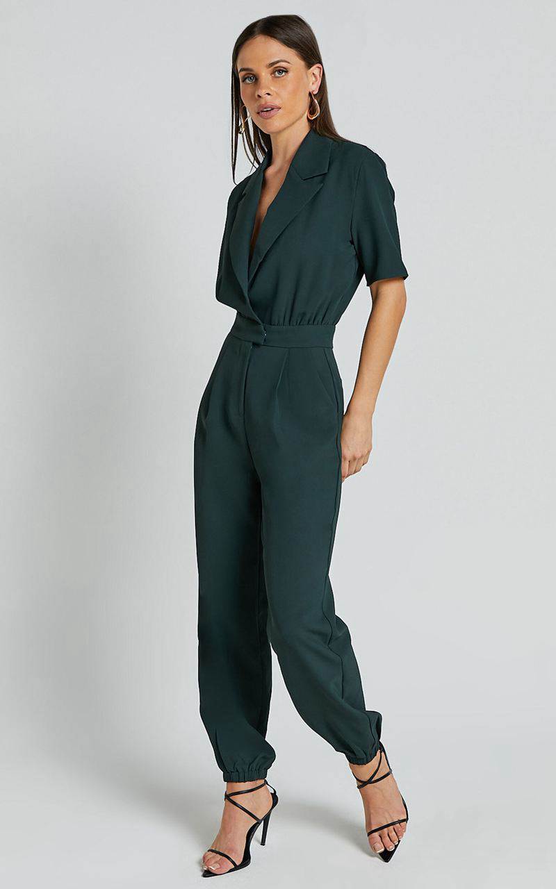 Showpo Coco Jumpsuit - Collared Short Sleeve Straight Leg Jumpsuit Forest Green | FSEIJX063