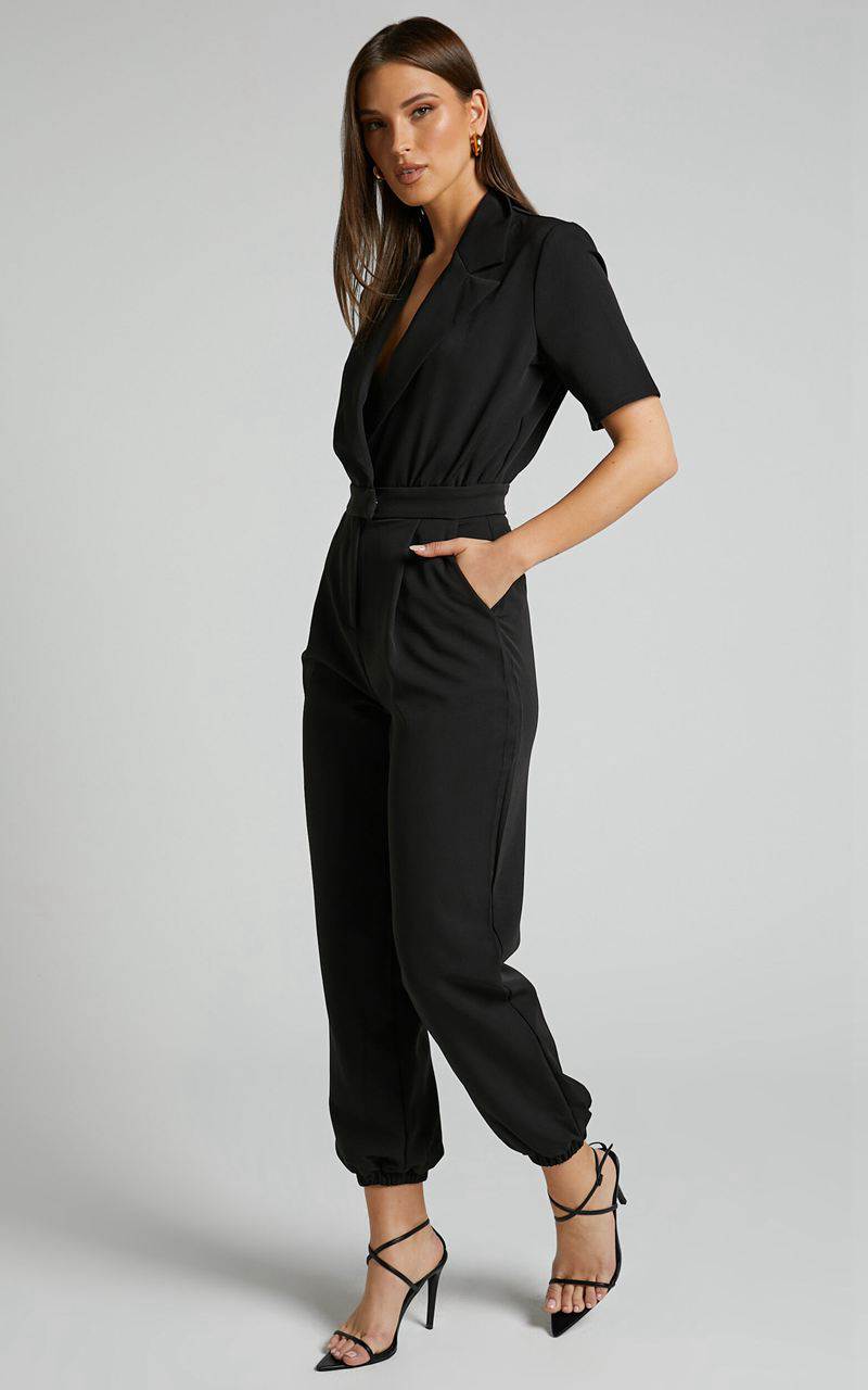 Showpo Coco Jumpsuit - Collared Short Sleeve Straight Leg Jumpsuit Black | VNQUDW108