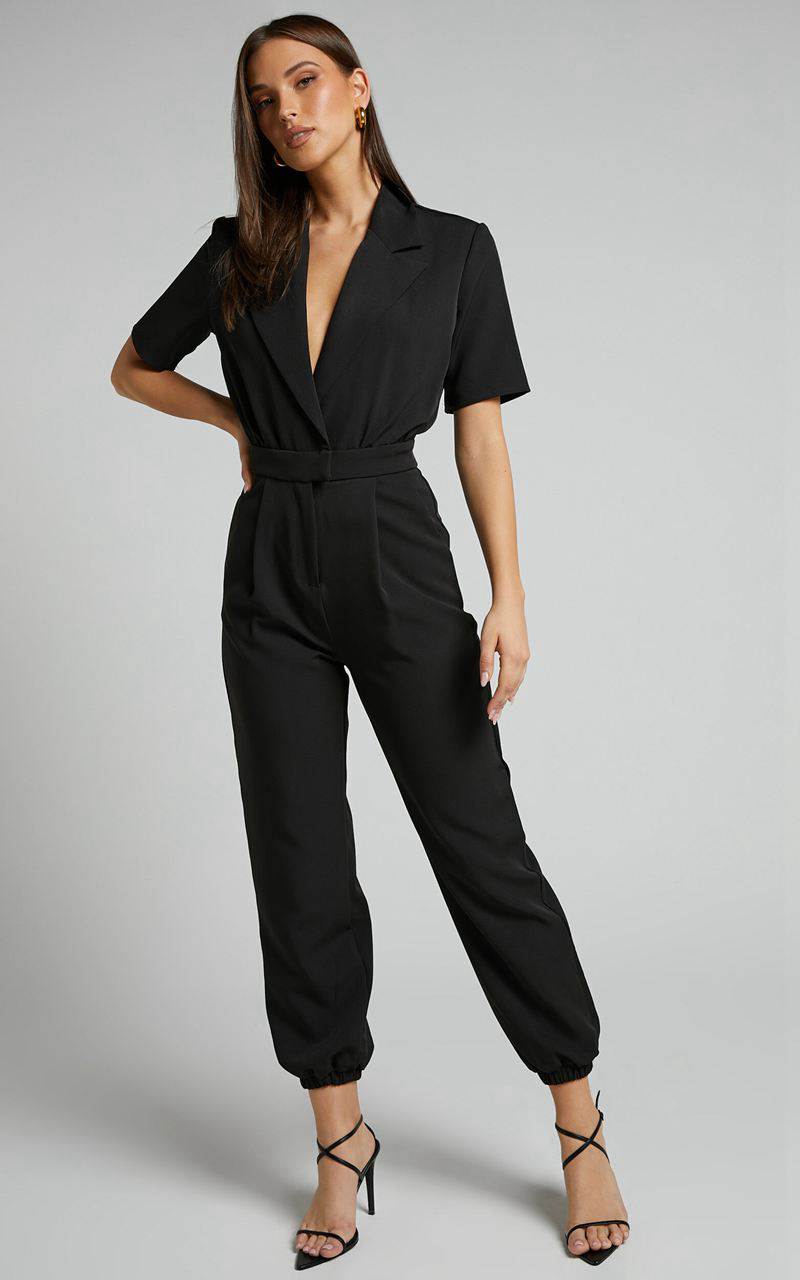 Showpo Coco Jumpsuit - Collared Short Sleeve Straight Leg Jumpsuit Black | VNQUDW108