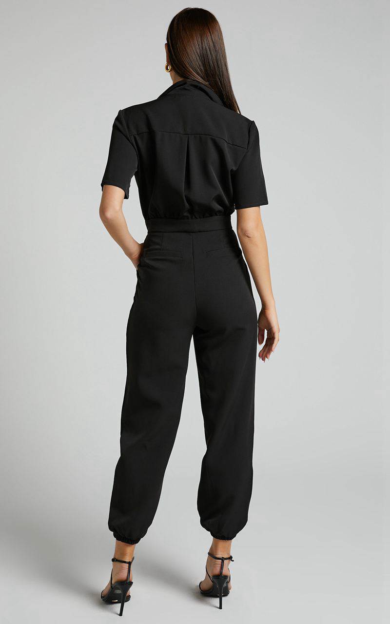 Showpo Coco Jumpsuit - Collared Short Sleeve Straight Leg Jumpsuit Black | VNQUDW108